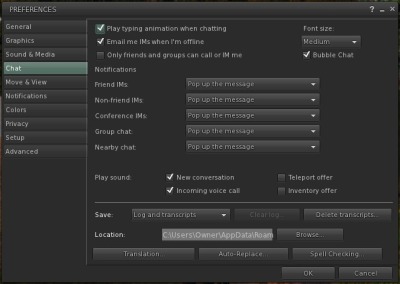 image showing the preferences panel with many checkboxes and radio buttons for chat settings